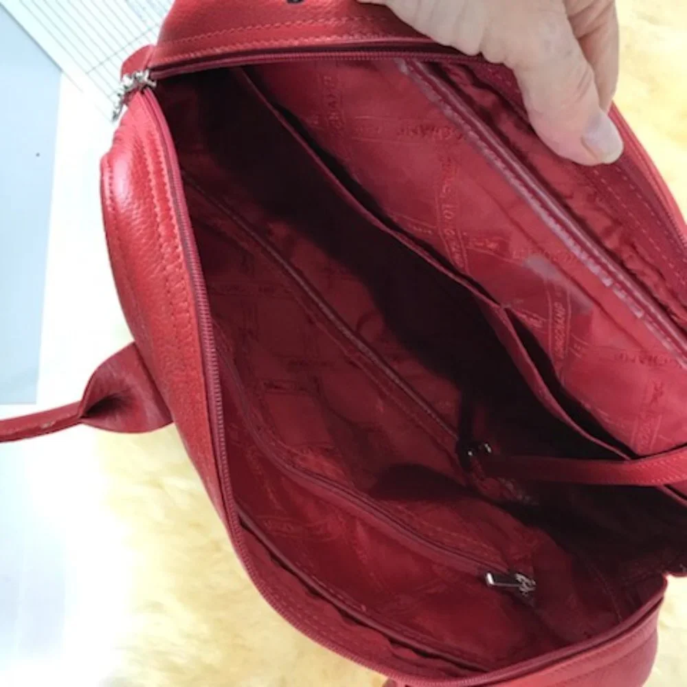 longchamps red pebbled leather satchel bag